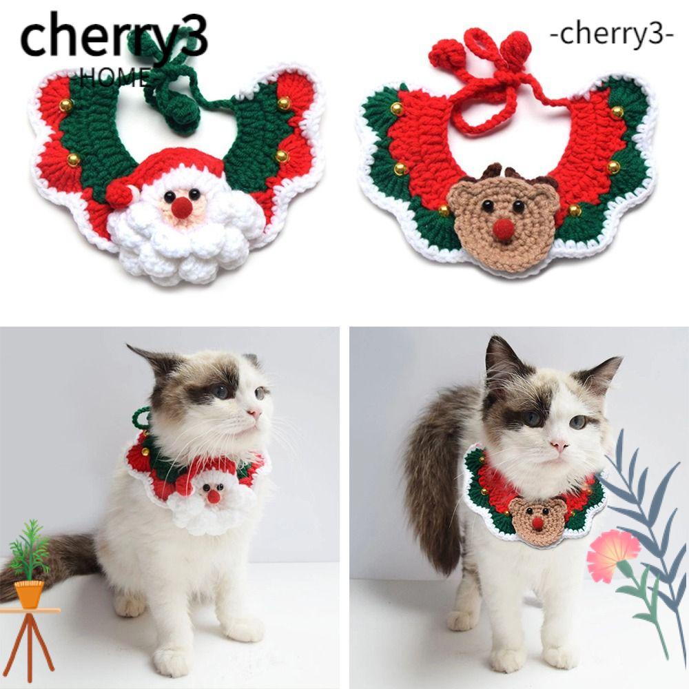 cherry3-ปลอกคอ-ผ้าพันคอ-ผ้าถัก-ลายซานตาคลอส-กวาง-คริสต์มาส-อุปกรณ์เสริม-สําหรับสัตว์เลี้ยง-สุนัข