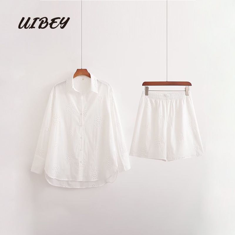 uibey-เสื้อเชิ้ต-คอปก-ฉลุลาย-ปักลาย-กางเกงขาสั้น-3326