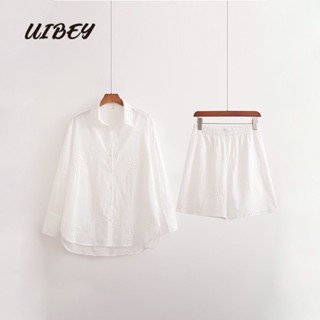 Uibey เสื้อเชิ้ต คอปก ฉลุลาย ปักลาย + กางเกงขาสั้น 3326