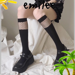 Emilee ถุงเท้าโลลิต้า ยาวถึงเข่า สูง ลูกไม้ โบว์ ถุงเท้าคอสเพลย์ เครื่องแต่งกาย ยืดหยุ่น สาว ของขวัญ แหอวนตาข่าย ตาข่าย คุณภาพสูง สีดํา สีขาว