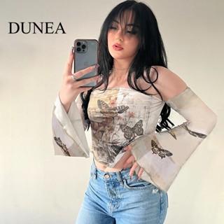 Dunea เสื้อกล้าม เปิดไหล่ พิมพ์ลายผีเสื้อ สไตล์วินเทจ สําหรับผู้หญิง 0809