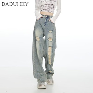 DaDuHey🎈 Womens New Korean Style High Waist Slimming Ins Slimming Holes Fashion Jeans Casual Pants