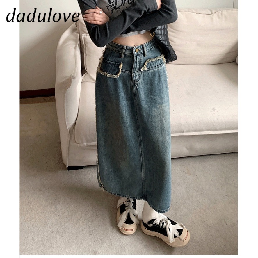 dadulove-new-american-ins-high-street-retro-denim-skirt-niche-high-waist-a-line-skirt-large-size-bag-hip-skirt