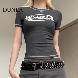Dunea เสื้อยืดลําลอง แขนสั้น พิมพ์ลายตัวอักษร แฟชั่นฤดูร้อน สําหรับผู้หญิง