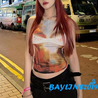 Bay- เสื้อกล้าม แขนกุด คอกลม โชว์สะดือ พิมพ์ลาย แนวสตรีท แฟชั่นฤดูร้อน สําหรับผู้หญิง