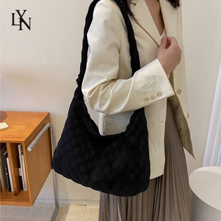 LYN กระเป๋าผู้หญิงความจุขนาดใหญ่แฟชั่นเกาหลีกระเป๋าสะพายไหล่ผู้หญิงลายตารางสีเรียบง่ายกระเป๋าโท้ท