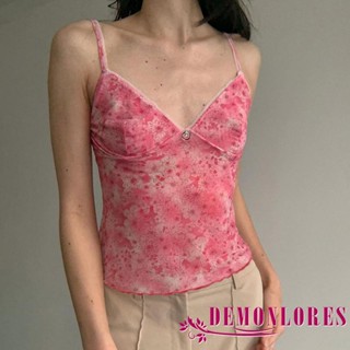 Demonlores- เสื้อสายเดี่ยว แขนกุด ผ้าลูกไม้ ลายดอกไม้ Y2K สีมัดย้อม เหมาะกับฤดูร้อน สําหรับผู้หญิง
