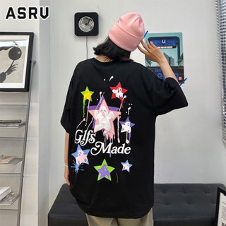 ASRV เสื้อยืด เสื้อยืดผ้าฝ้ายลายดาวห้าแฉกสไตล์อเมริกันไฮสตรีท คู่รักสไตล์ฮ่องกงหลวมๆ