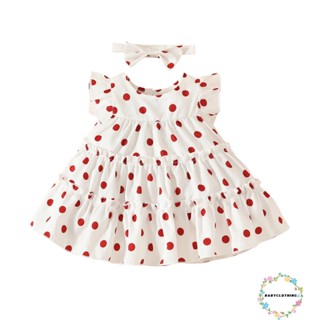 Babyclothes- ชุดเดรสคอกลม แขนแต่งระบาย พิมพ์ลายจุด ทรงหลวม พร้อมที่คาดผม แฟชั่นฤดูร้อน สําหรับเด็กผู้หญิง