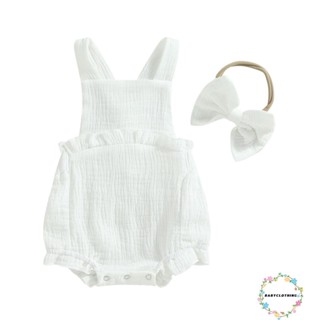 Babyclom- ชุดรอมเปอร์ แขนกุด เปิดหลัง สีพื้น พร้อมที่คาดผม แฟชั่นฤดูร้อน สําหรับเด็กผู้หญิง 2 ชิ้น