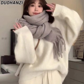 Duohanzi ใหม่ เสื้อกันหนาว คอวี สีขาว นุ่ม แว็กซี่ สไตล์บอททอม สําหรับผู้หญิง