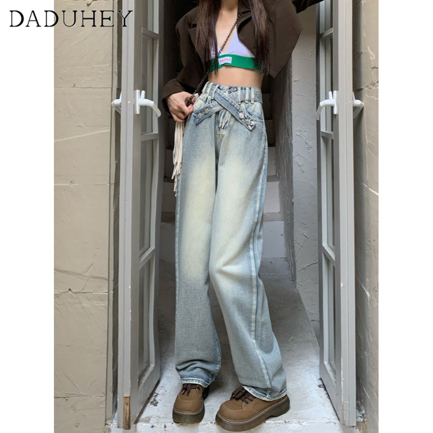 daduhey-korean-style-retro-womens-jeans-straight-loose-new-high-waist-slim-wide-leg-waist-cross-design-casual-mop-pants