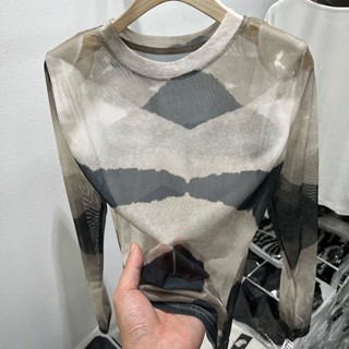 เสื้อยืดแขนยาว คอกลม ผ้าโปร่ง สีคอนทราสต์ สไตล์ใหม่ ออกแบบดี กันแดด 2023