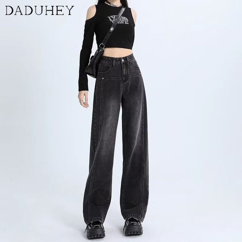 daduhey-womens-new-korean-style-retro-casual-jeans-loose-black-high-waist-slimming-straight-pants