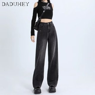 DaDuHey🎈 Womens New Korean-Style Retro Casual Jeans Loose Black High Waist Slimming Straight Pants