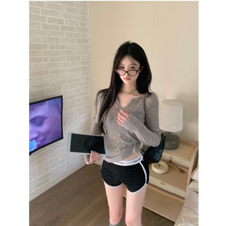 เสื้อยืดแขนยาว คอวี ป้องกันแดด แฟชั่นฤดูร้อน สไตล์อเมริกัน