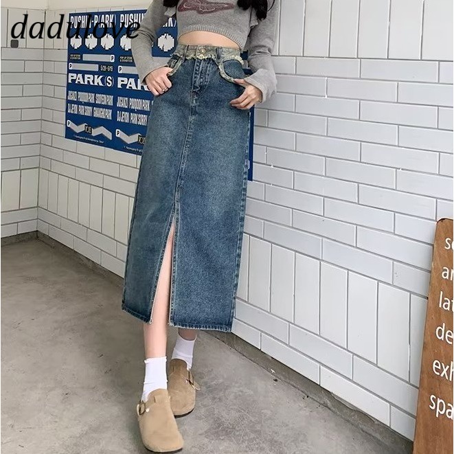 dadulove-new-american-ins-high-street-retro-raw-edge-denim-skirt-niche-high-waist-a-line-skirt-bag-hip-skirt