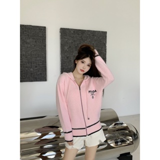 VRZT PRA * A 2023 spring and summer new letter embroidery logo decorative hooded mohair coat womens zipper waxy knitted