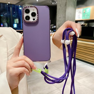 เคสโทรศัพท์มือถือ ซิลิโคนนิ่ม พร้อมสายคล้องคอ สีม่วง หรูหรา สําหรับ IPhone 13 11 12 14 Pro Max 14 Plus