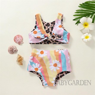 Babygarden-0-4y ชุดว่ายน้ําแขนกุด พิมพ์ลายเสือดาว สีรุ้ง และกางเกงขาสั้น สําหรับเด็กผู้หญิง 2 ชิ้น