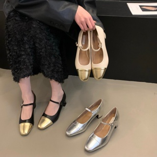 รองเท้าแมรี่เจน ส้นกลาง หัวเหลี่ยม สีทอง แฟชั่นฤดูใบไม้ผลิ สไตล์ฝรั่งเศส 2023