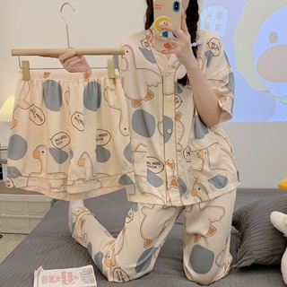 2023 womens pajamas summer ice silk three-piece trousers thin section large size ladies suit