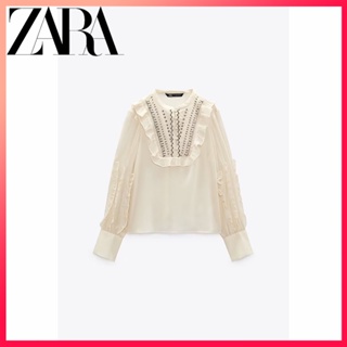 Zara ใหม่ เสื้อเชิ้ต โปร่งแสง ปักลาย สําหรับผู้หญิง