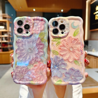 เคสโทรศัพท์มือถือ TPU กันกระแทก ลายภาพวาดสีน้ํามัน รูปดอกไม้ สีชมพู สีม่วง สําหรับ Apple IPhone 14 13 12 11 Pro Max