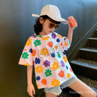 เสื้อยืดแขนสั้น ผ้าฝ้ายแท้ พิมพ์ลาย สไตล์เกาหลี แฟชั่นฤดูร้อน สําหรับเด็กผู้หญิง 2022