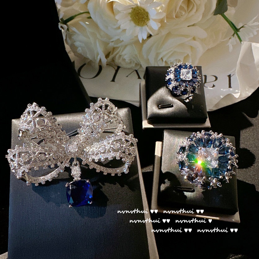แหวนเพทาย-ชุบทอง-18k-รูปโบว์-สีฟ้า-ดอกข้าวโพด