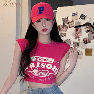 KAYNA ฤดูร้อนใหม่สไตล์อเมริกันเรโทรคอกลมแขนสั้นผู้หญิงเสื้อยืดไม่มีแขน