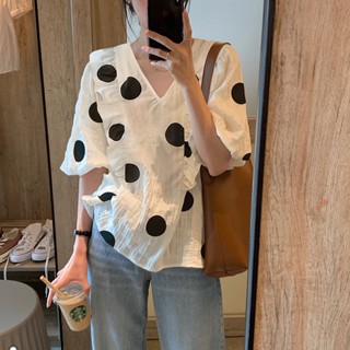 เสื้อเชิ้ตแขนพัฟ คอวี ลายจุด เข้ารูป พลัสไซซ์ เข้ากับทุกการแต่งกาย แฟชั่นฤดูใบไม้ผลิ และฤดูร้อน สําหรับผู้หญิง U5HZ