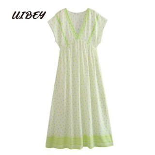 Uibey ชุดเดรส คอวี แขนสั้น เอวสูง ความยาวปานกลาง แฟชั่นสําหรับสตรี 1719
