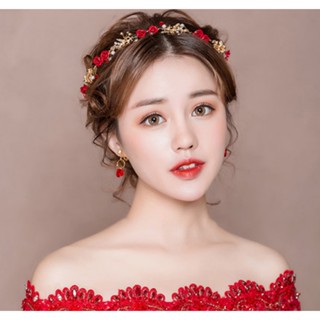 ที่คาดผม สีแดง เครื่องประดับ สําหรับเจ้าสาว งานแต่งงาน