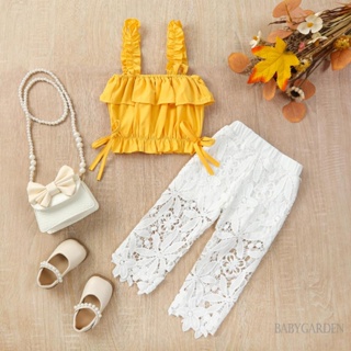 //- เสื้อ + กางเกง 1-6 ปี เด็กผู้หญิง สีเหลือง ระบาย ยกทรง + กางเกง ลูกไม้ สีขาว ดอกไม้ เสื้อผ้าลําลอง ฤดูร้อน