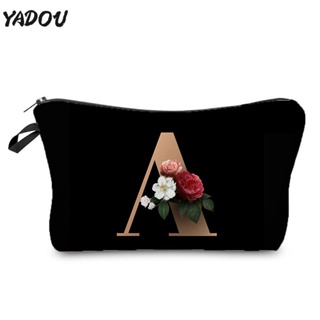 YADOU กระเป๋าเก็บของใหม่ของผู้หญิงแฟชั่นสีดำทองพิมพ์กระเป๋าใส่อุปกรณ์อาบน้ำแบบพกพา