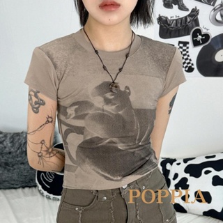 Poppia- เสื้อครอปท็อป คอกลม แขนสั้น พิมพ์ลาย สไตล์วินเทจ สําหรับผู้หญิง