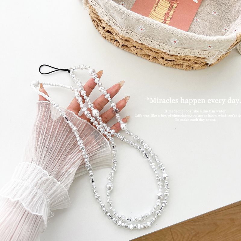 สายโซ่คล้องโทรศัพท์มือถือ-ประดับลูกปัด-สีเงิน-และสีขาว-ป้องกันการสูญหาย-สําหรับผู้หญิง