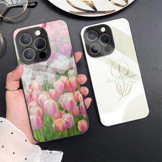 เคสโทรศัพท์มือถือกระจกนิรภัยแข็ง ป้องกันเลนส์ ลายดอกทิวลิป สําหรับ iPhone 14 13 Pro Max 12 11 X XR XS 7 8 SE 2020