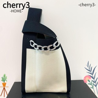 Cherry3 กระเป๋าถือ กระเป๋าช้อปปิ้ง ผ้าถักนิตติ้ง แฮนด์เมด ความจุสูง พร้อมสายโซ่คล้องข้อมือ สําหรับผู้หญิง