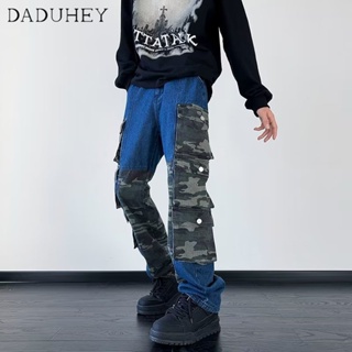 DaDuHey🔥 Mens American-Style Retro High Street Multi-Pocket Slim Fit Patchwork Jeans Ins Fashionable All-Match Straight Casual Pants