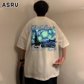 ASRV เสื้อยืดแขนสั้นผู้ชายสไตล์อเมริกัน ภาพวาดสีน้ำมันบนท้องฟ้าเต็มไปด้วยดวงดาวของ Van Gogh เสื้อยืดคู่รักพิมพ์ลายเรืองแสง