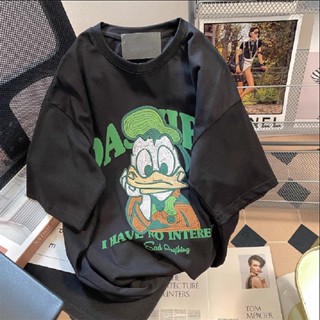 เสื้อยืดแขนสั้น ผ้าฝ้าย 100% พิมพ์ลาย Donald Duck สไตล์ฮ่องกง เรโทร ขนาดใหญ่ เข้ากับทุกการแต่งกาย สําหรับคู่รัก 150 กก.