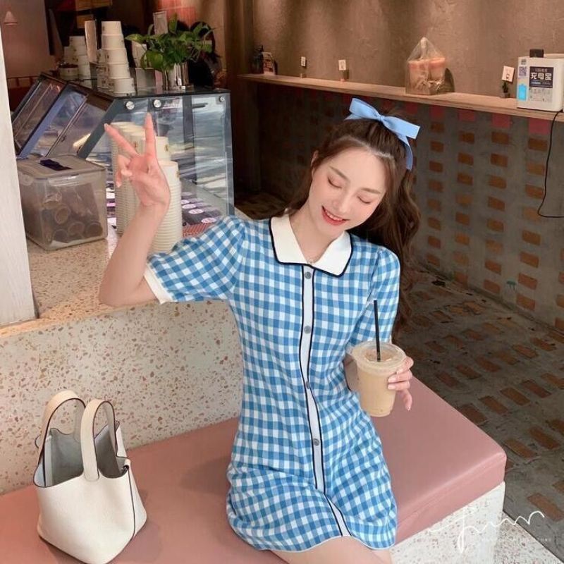 classy-girl-ชุดถักนิตติ้ง-poloคอเสื้อดูผอมบางตาข่ายแขนสั้นชุดถักนิตติ้ง-เวอร์ชั่นเกาหลีกระโปรง-dz00045