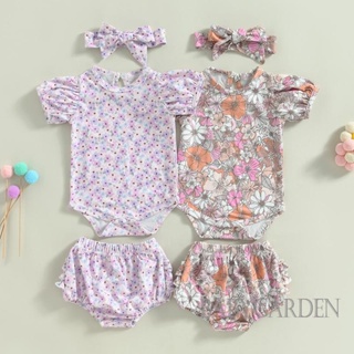 Babygarden-0-18m ชุดรอมเปอร์ แขนสั้น พิมพ์ลายดอกไม้ + กางเกงขาสั้น ยืดหยุ่น + ที่คาดผม สําหรับเด็กผู้หญิง