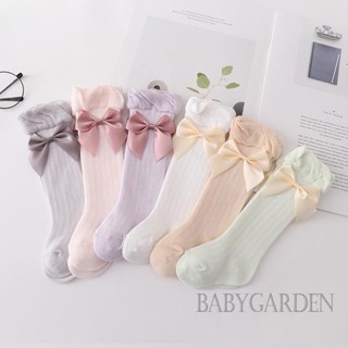 Babygarden-0-3years ถุงเท้าข้อสูง ระบายอากาศ ประดับโบว์ ขนาดใหญ่ สีพื้น แฟชั่นฤดูใบไม้ผลิ และฤดูใบไม้ร่วง สําหรับเด็กผู้หญิง