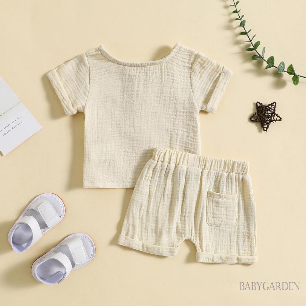 babygarden-0-3-ปี-ชุดเสื้อผ้า-แฟชั่นฤดูร้อน-สําหรับเด็กผู้ชาย-เสื้อยืดแขนสั้น-คอกลม-แต่งกระดุม-สีพื้น-และกางเกงขาสั้น-เอวยางยืด
