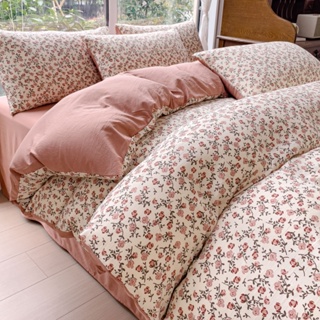 4 IN 1 ชุดเครื่องนอน ผ้าปูที่นอน ผ้าฝ้าย ผ้าลินิน พิมพ์ลายดอกไม้ สําหรับเตียงเดี่ยว ควีนไซซ์ คิงไซซ์