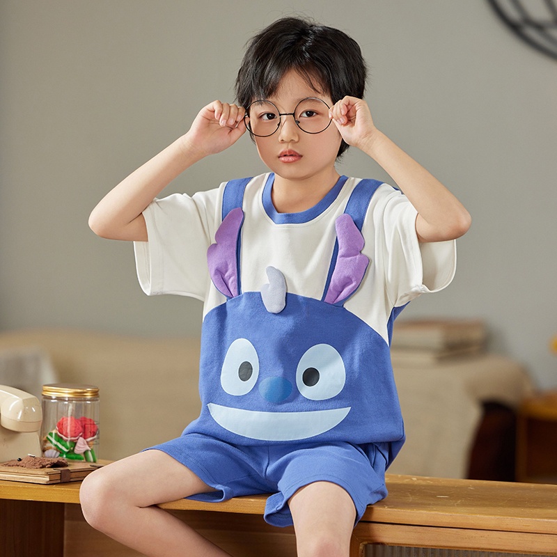 new-short-sleeved-pure-cotton-childrens-pajamas-summer-thin-childrens-cute-cartoon-stitch-home-clothes