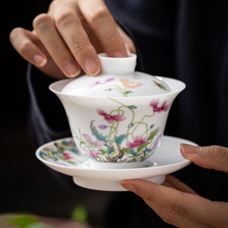Yu Meiren Sancai Gaiwan [Huayun] ชุดถ้วยชาเซรามิค แฮนด์เมด